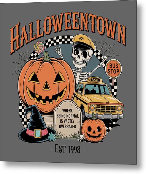 Halloween Town taxi stop metal print with jack-o’-lantern, skull, and bus