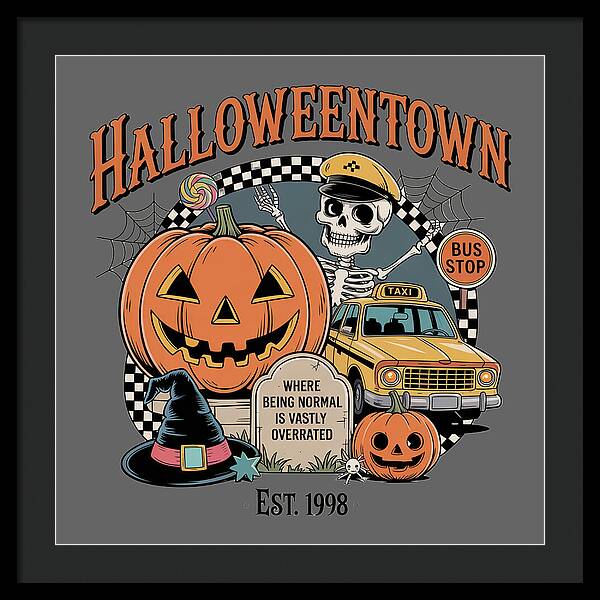 Framed Halloween print with HalloweenTown sign, jack-o-lantern, taxi, bus stop, skeleton.