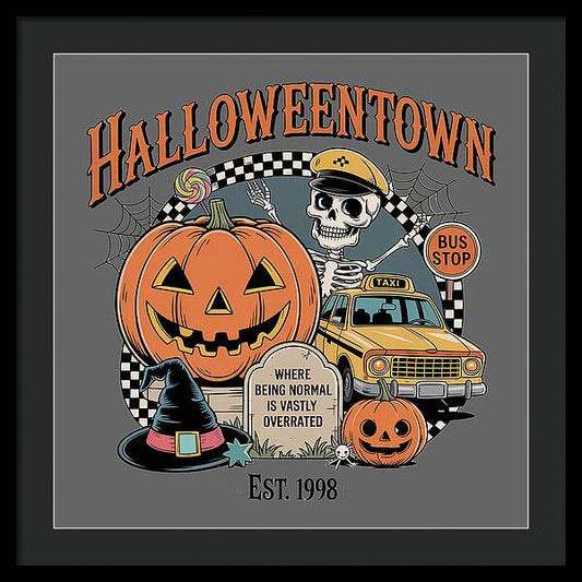 Framed Halloween print with HalloweenTown sign, jack-o-lantern, taxi, bus stop, skeleton.
