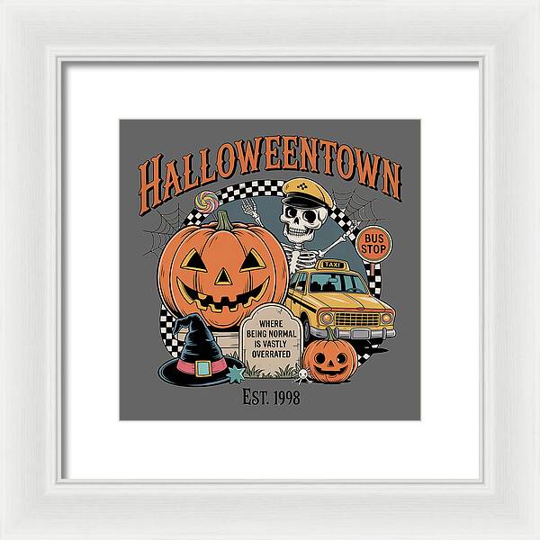 Framed HalloweenTown print with jack-o-lantern, skeleton, and taxi bus stop artwork