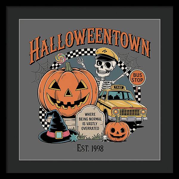 Framed print: jack-o-lantern and skeleton with taxi and bus stop sign, black frame, dark mat