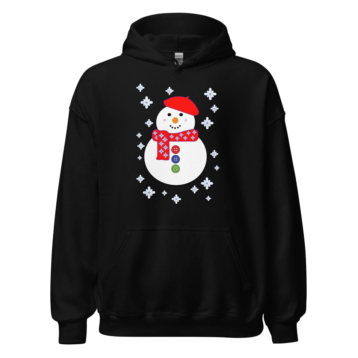 Black snowman hoodie with snowflake wreath graphic on front