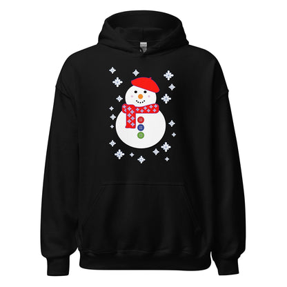 Black snowman hoodie with snowflake wreath graphic on front