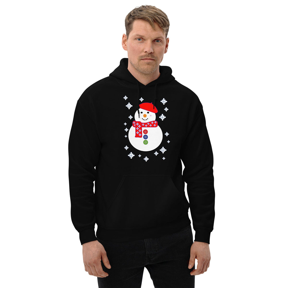 Black snowman hoodie with colorful snowman and snowflake wreath print