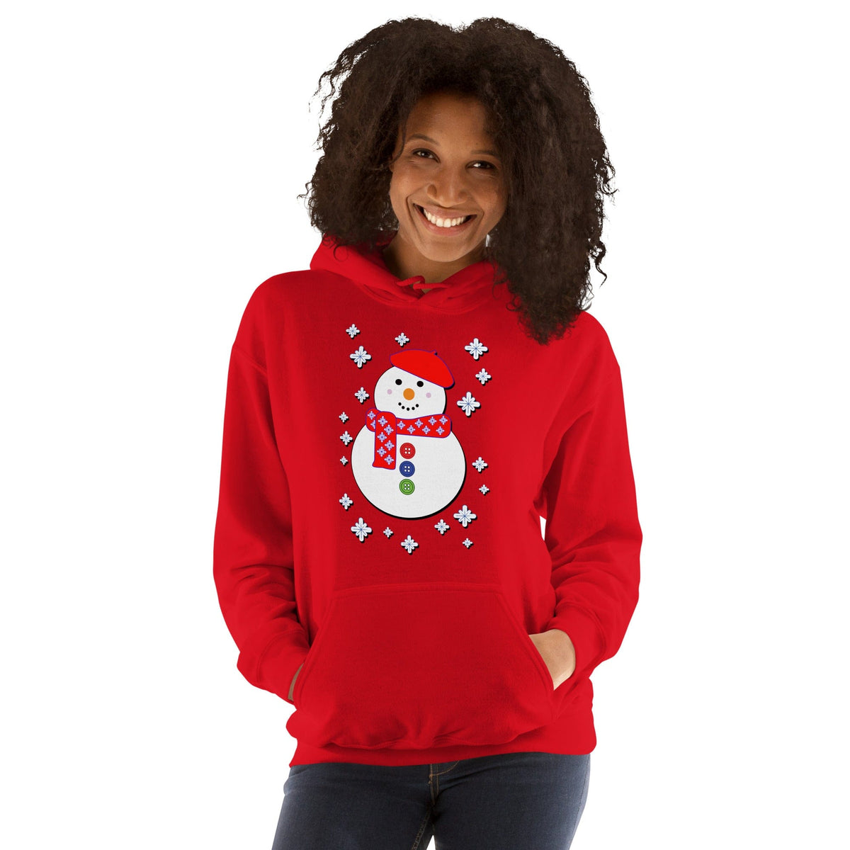 Red snowman hoodie with snowflake wreath graphic and front pouch pocket