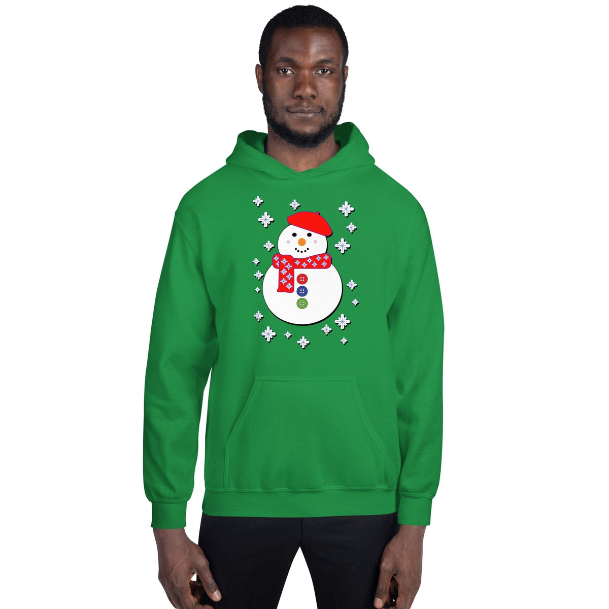 Green snowman hoodie with snowflake wreath graphic on the front