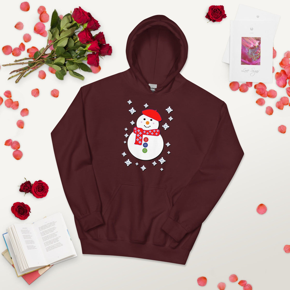 Happy snowman graphic hoodie in maroon, pullover with front kangaroo pocket