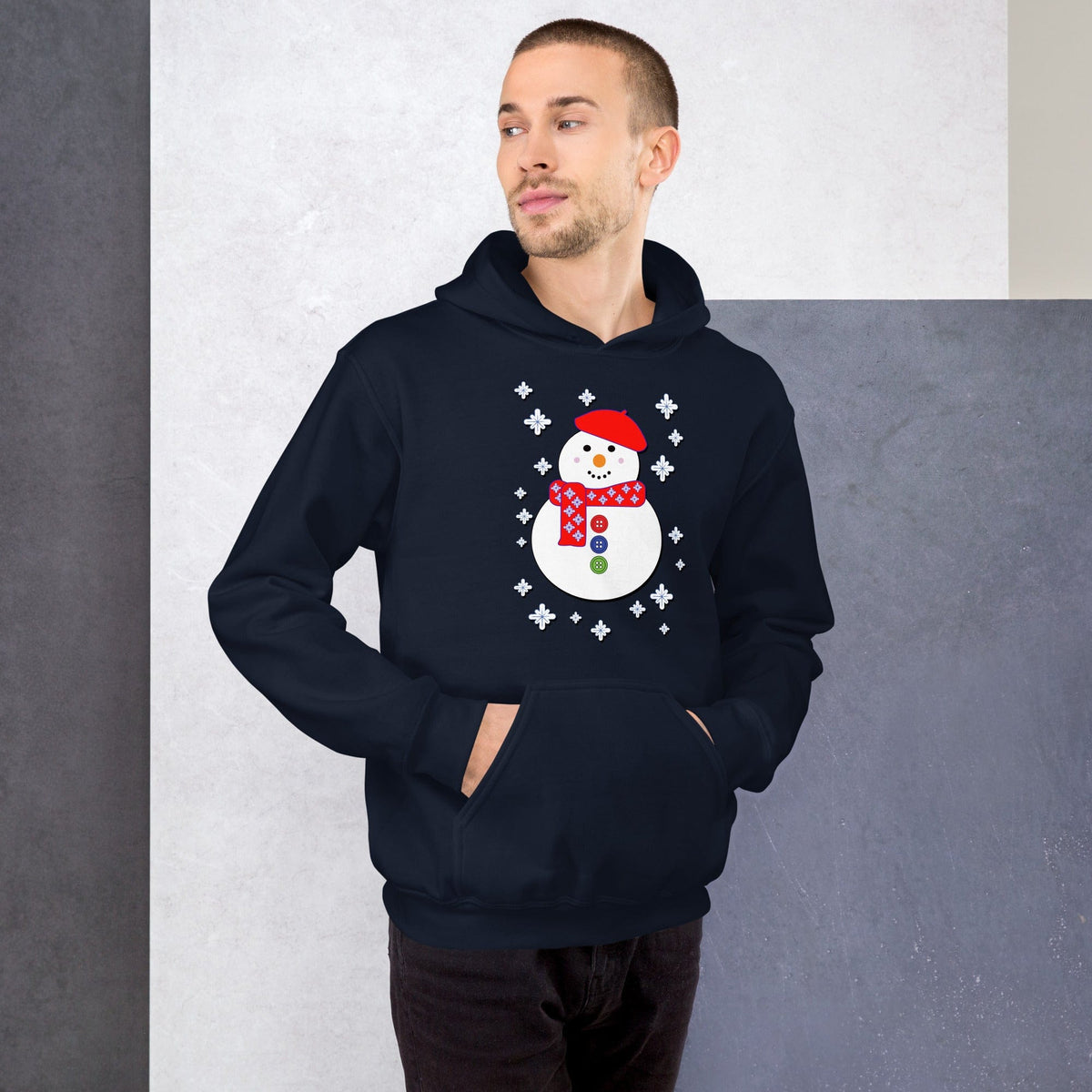 Happy snowman graphic hoodie in navy, pullover with front kangaroo pocket