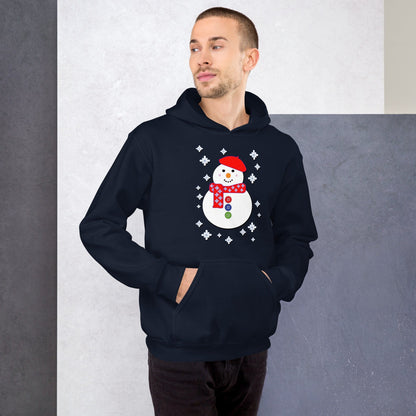Happy snowman graphic hoodie in navy, pullover with front kangaroo pocket