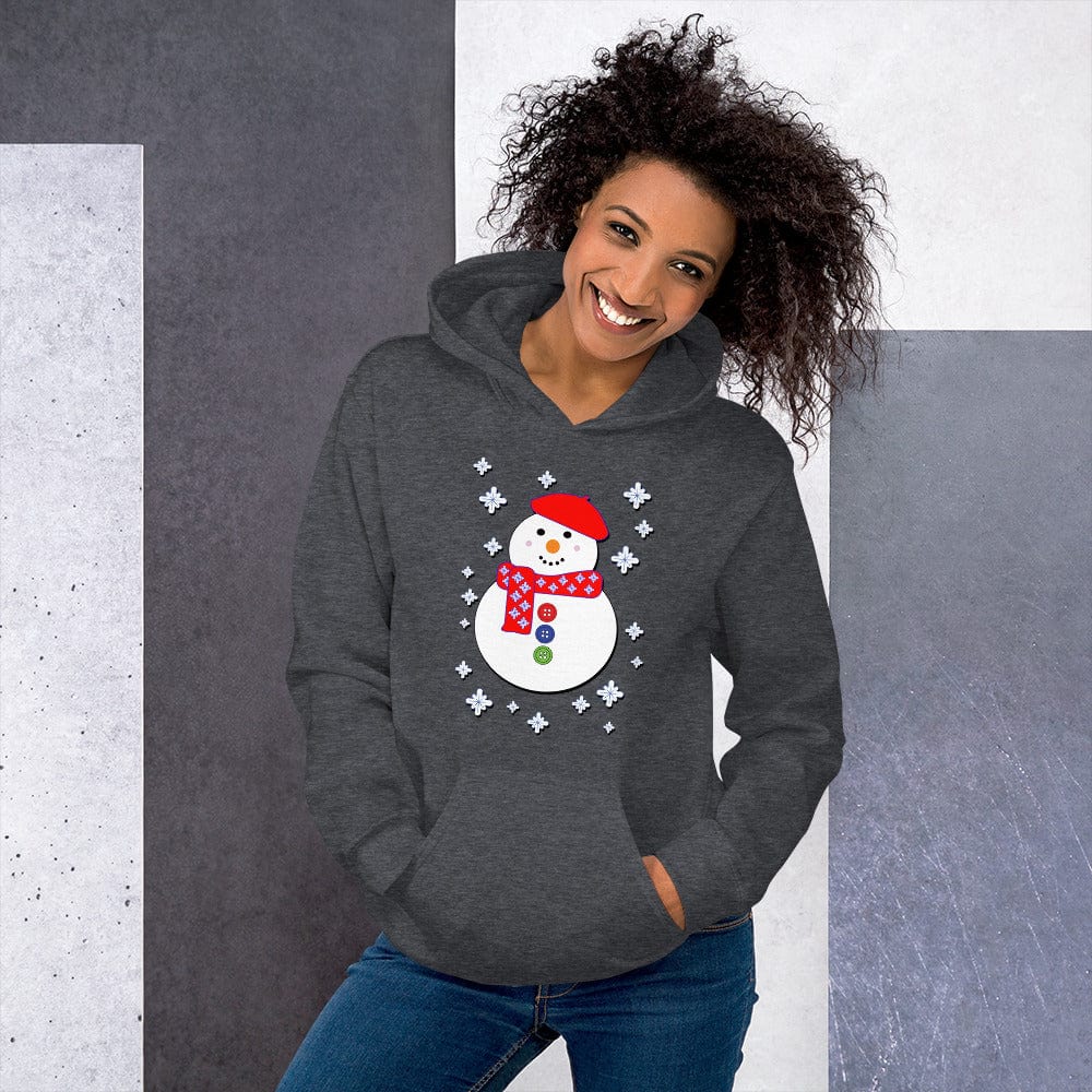 Happy snowman graphic hoodie in dark heather gray, pullover with front kangaroo pocket