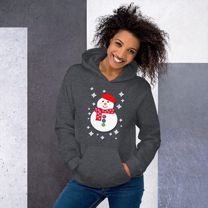 Happy snowman graphic hoodie in dark heather gray, pullover with front kangaroo pocket