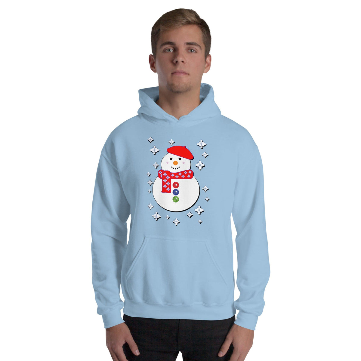 Light blue snowman hoodie with snowflake wreath and snowman chest graphic