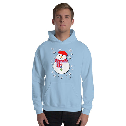 Light blue snowman hoodie with snowflake wreath and snowman chest graphic