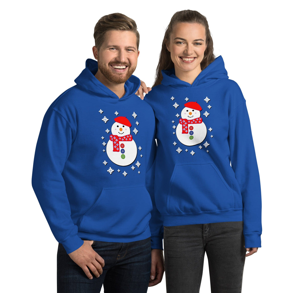 Happy snowman graphic hoodie in royal blue, pullover with front kangaroo pocket