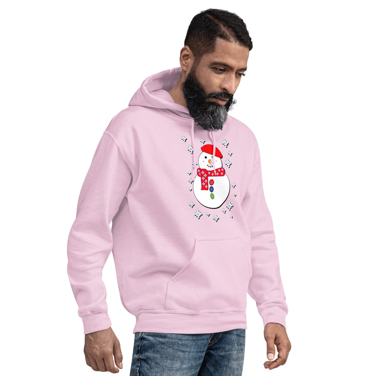 Happy snowman graphic hoodie in light pink, pullover with front kangaroo pocket