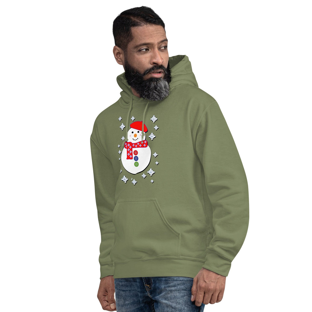 Happy snowman graphic hoodie in olive green, pullover with front kangaroo pocket