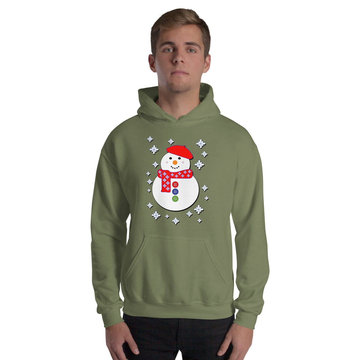Olive green snowman hoodie with snowflake wreath graphic on front