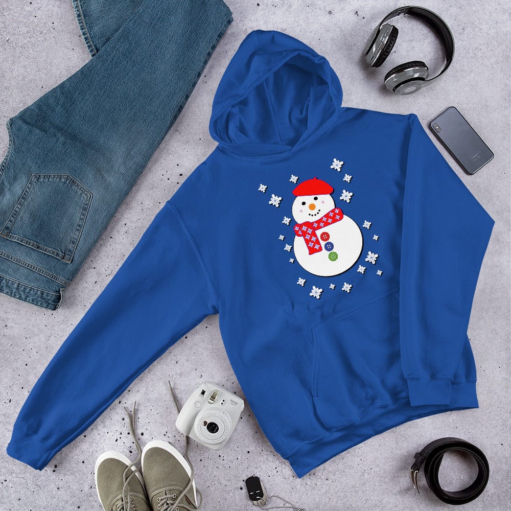 Happy snowman graphic hoodie in bright blue, pullover with front kangaroo pocket