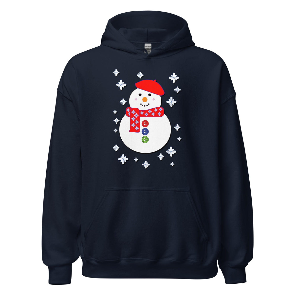 Happy snowman graphic hoodie in dark navy, pullover with front kangaroo pocket