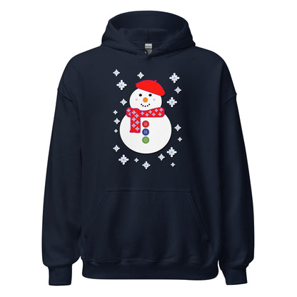 Happy snowman graphic hoodie in dark navy, pullover with front kangaroo pocket