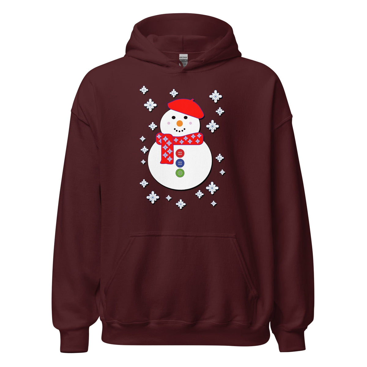 Snowman hoodie, dark maroon, hood and front pocket, white snowman graphic with snowflakes
