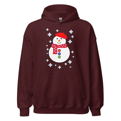 Snowman hoodie, dark maroon, hood and front pocket, white snowman graphic with snowflakes