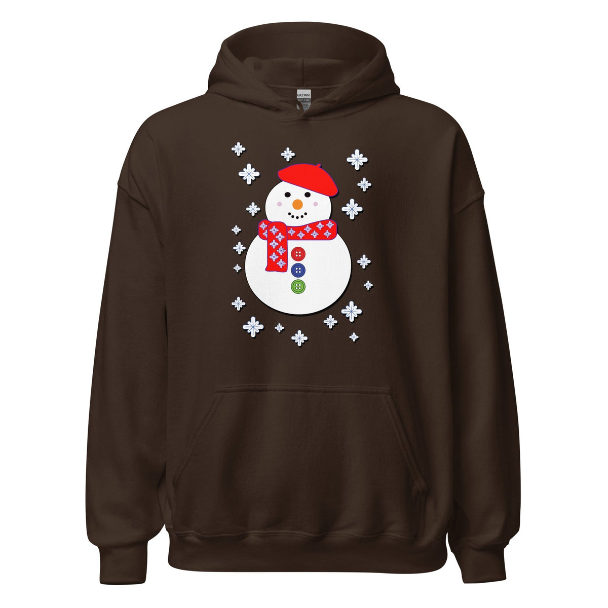 Snowman hoodie, dark brown, hood and front pocket, white snowman graphic with snowflakes