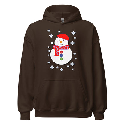 Snowman hoodie, dark brown, hood and front pocket, white snowman graphic with snowflakes
