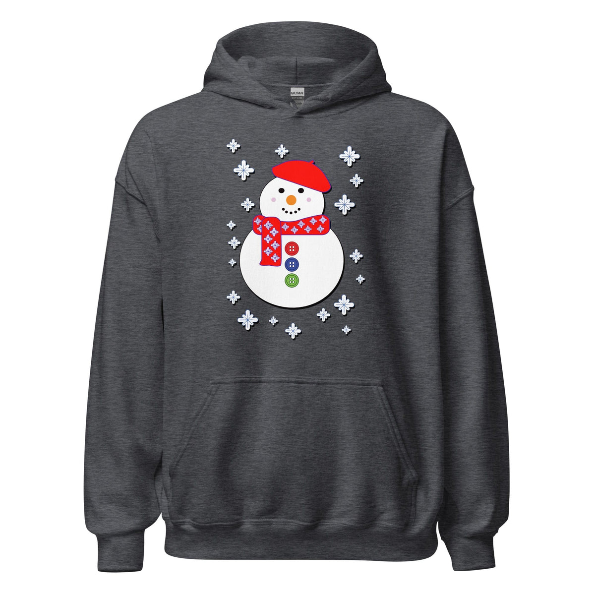 Snowman hoodie, dark gray, hood and front pocket, white snowman graphic with snowflakes