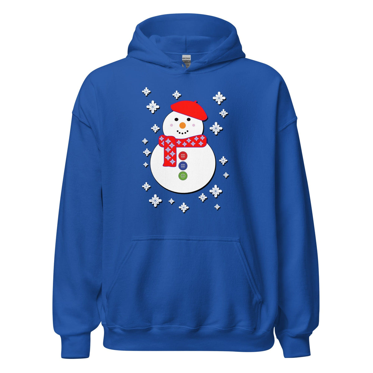 Snowman hoodie, royal blue, hood and front pocket, white snowman graphic with snowflakes