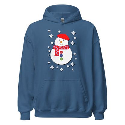 Snowman hoodie, blue, hood and front pocket, white snowman graphic with snowflakes