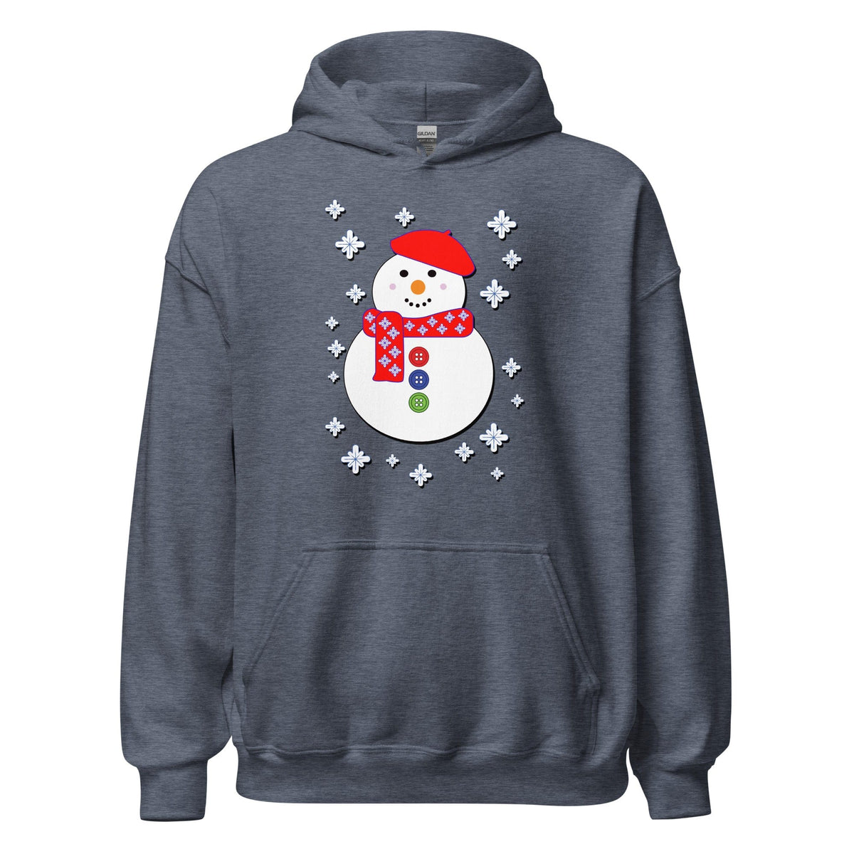 Snowman hoodie, heather gray, hood and front pocket, white snowman graphic with snowflakes