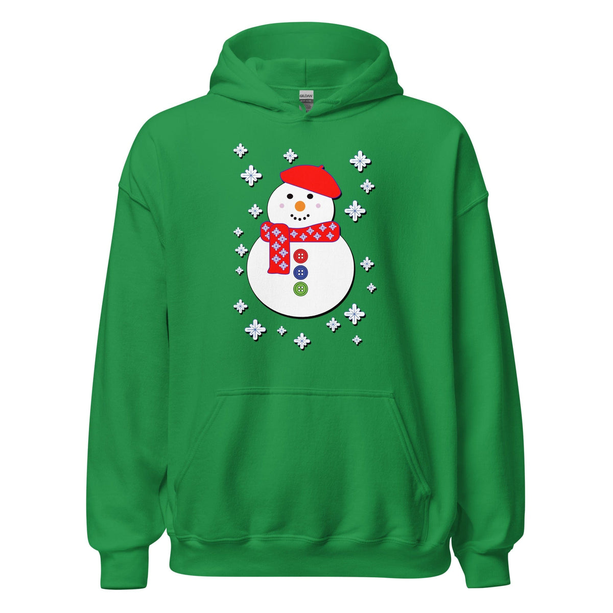 Snowman hoodie, green, hood and front pocket, white snowman graphic with snowflakes