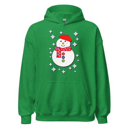 Snowman hoodie, green, hood and front pocket, white snowman graphic with snowflakes