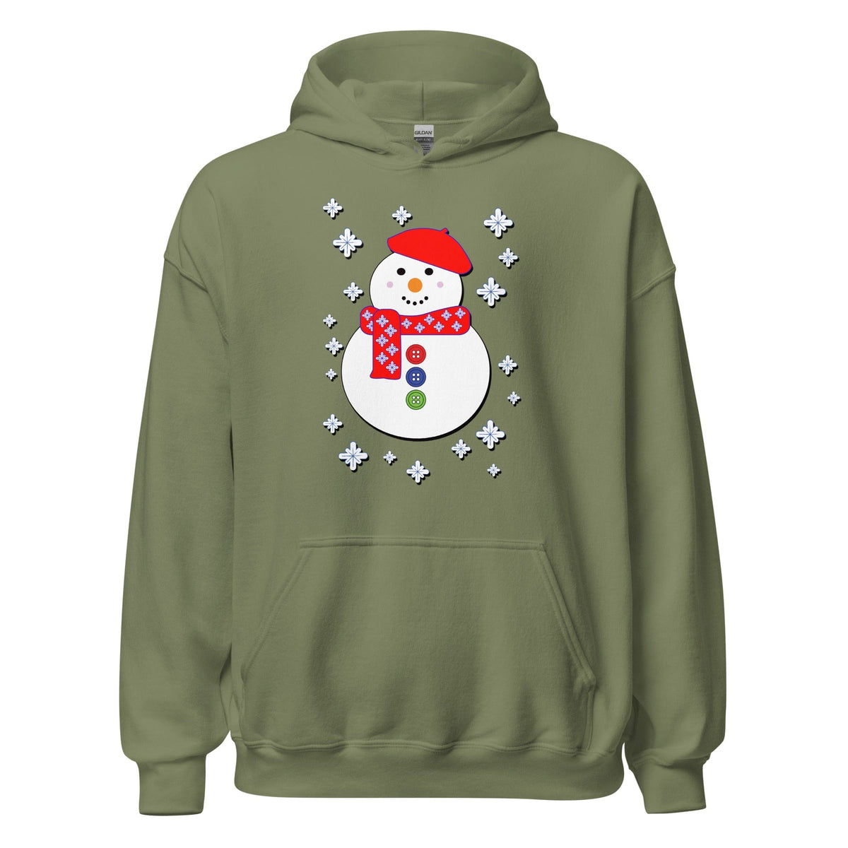 Snowman hoodie, olive green, hood and front pocket, white snowman graphic with snowflakes