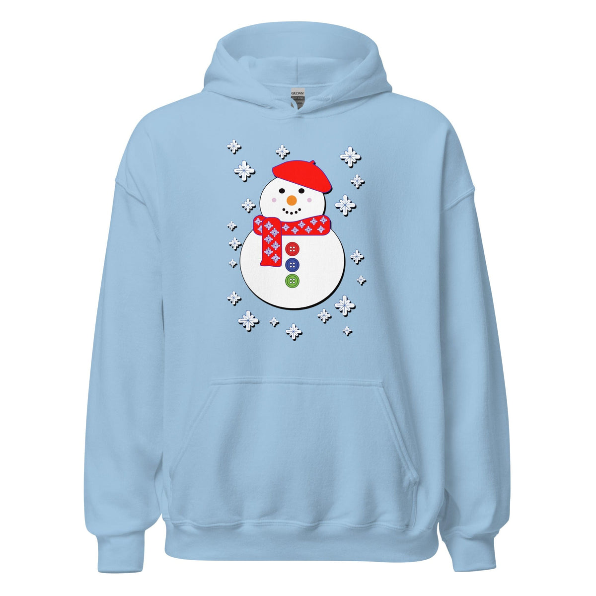 Snowman hoodie, light blue, hood and front pocket, white snowman graphic with snowflakes