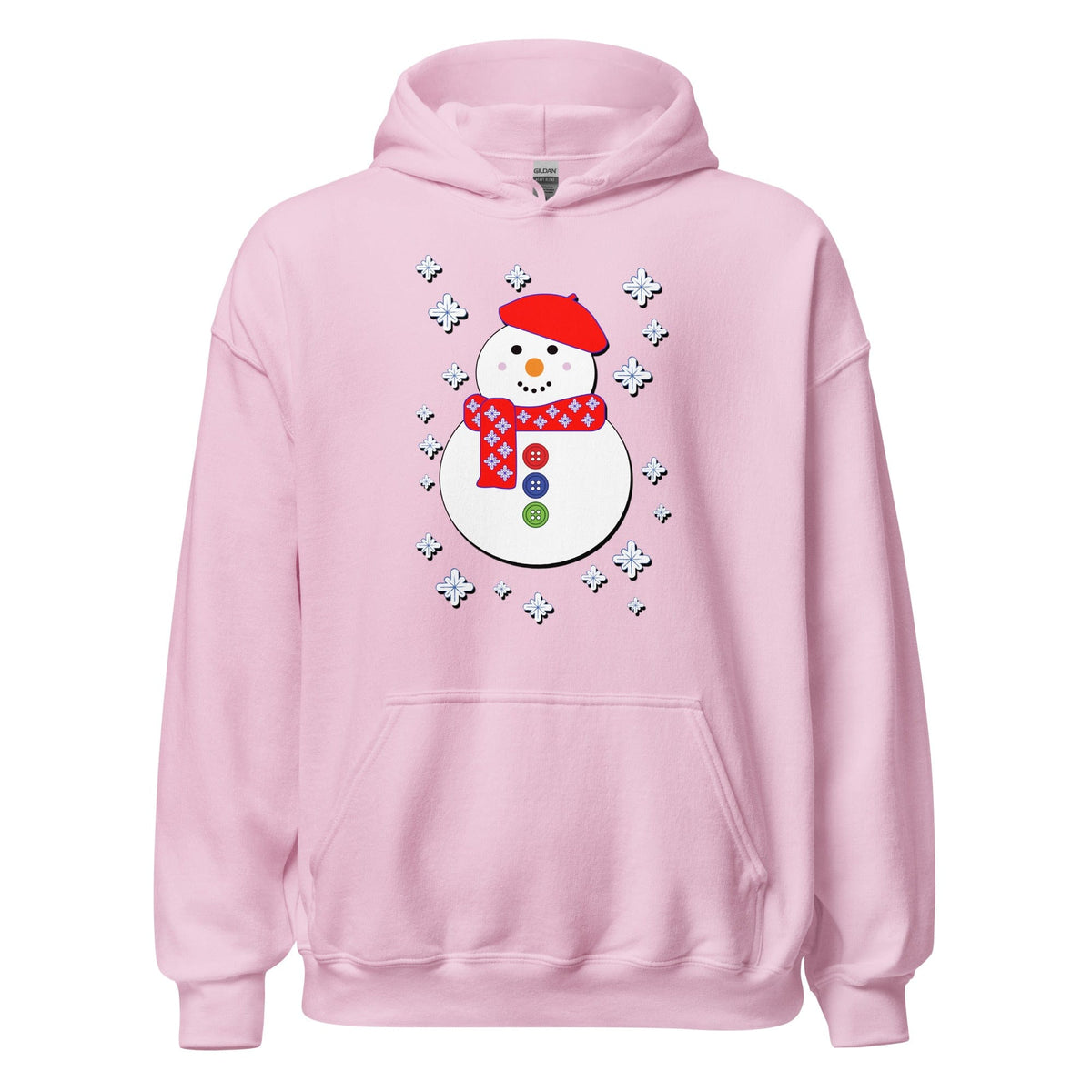 Pink hoodie with front snowman graphic, kangaroo pocket and drawstring hood