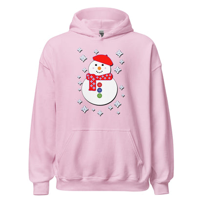 Pink hoodie with front snowman graphic, kangaroo pocket and drawstring hood