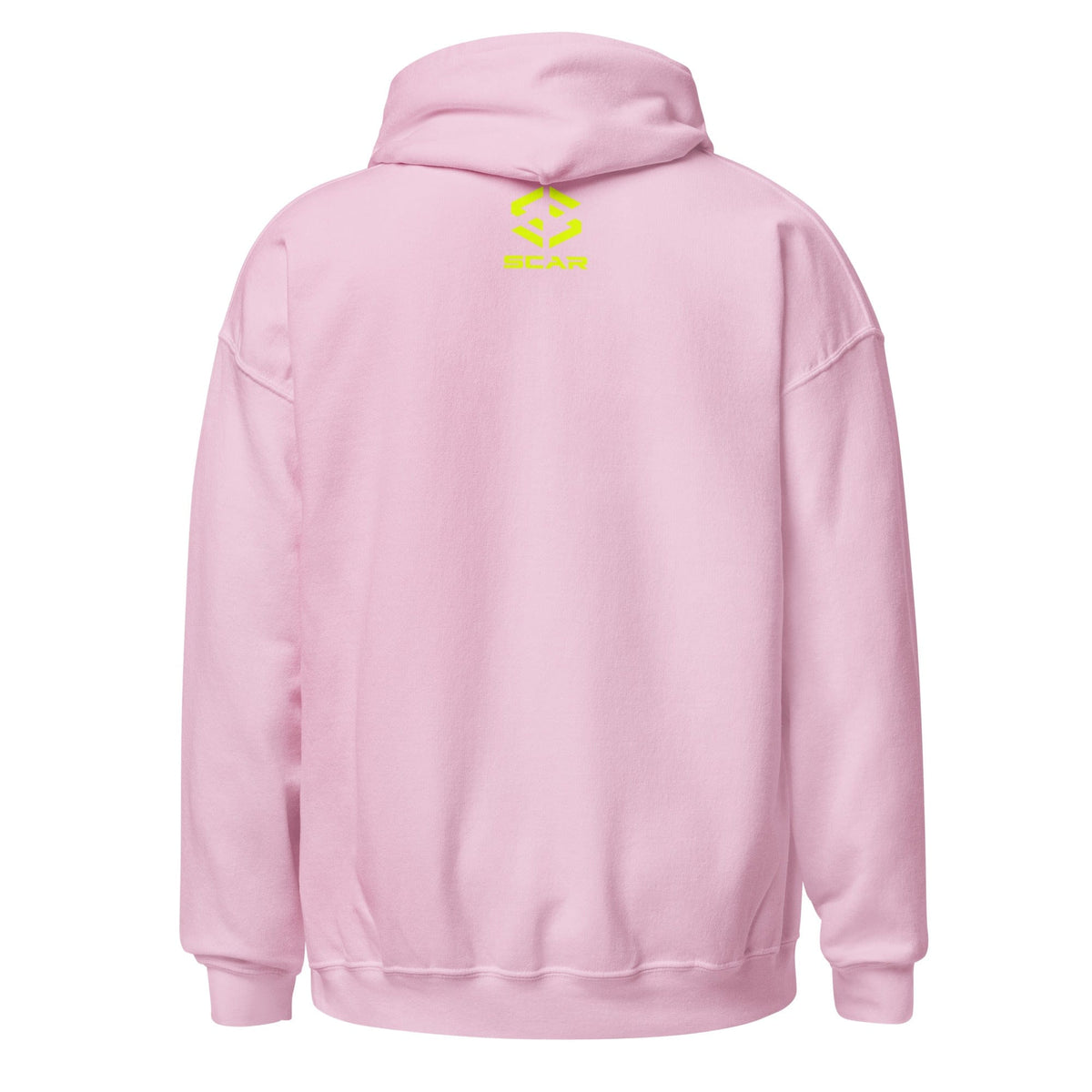 Light pink hoodie with small back emblem, kangaroo pocket, drawstring hood