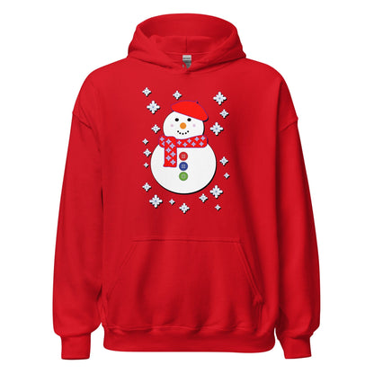 Snowman hoodie, red, hood and front pocket, white snowman graphic with snowflakes
