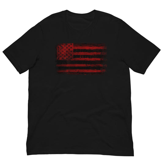 Black T-shirt with distressed red and black American flag graphic on the chest