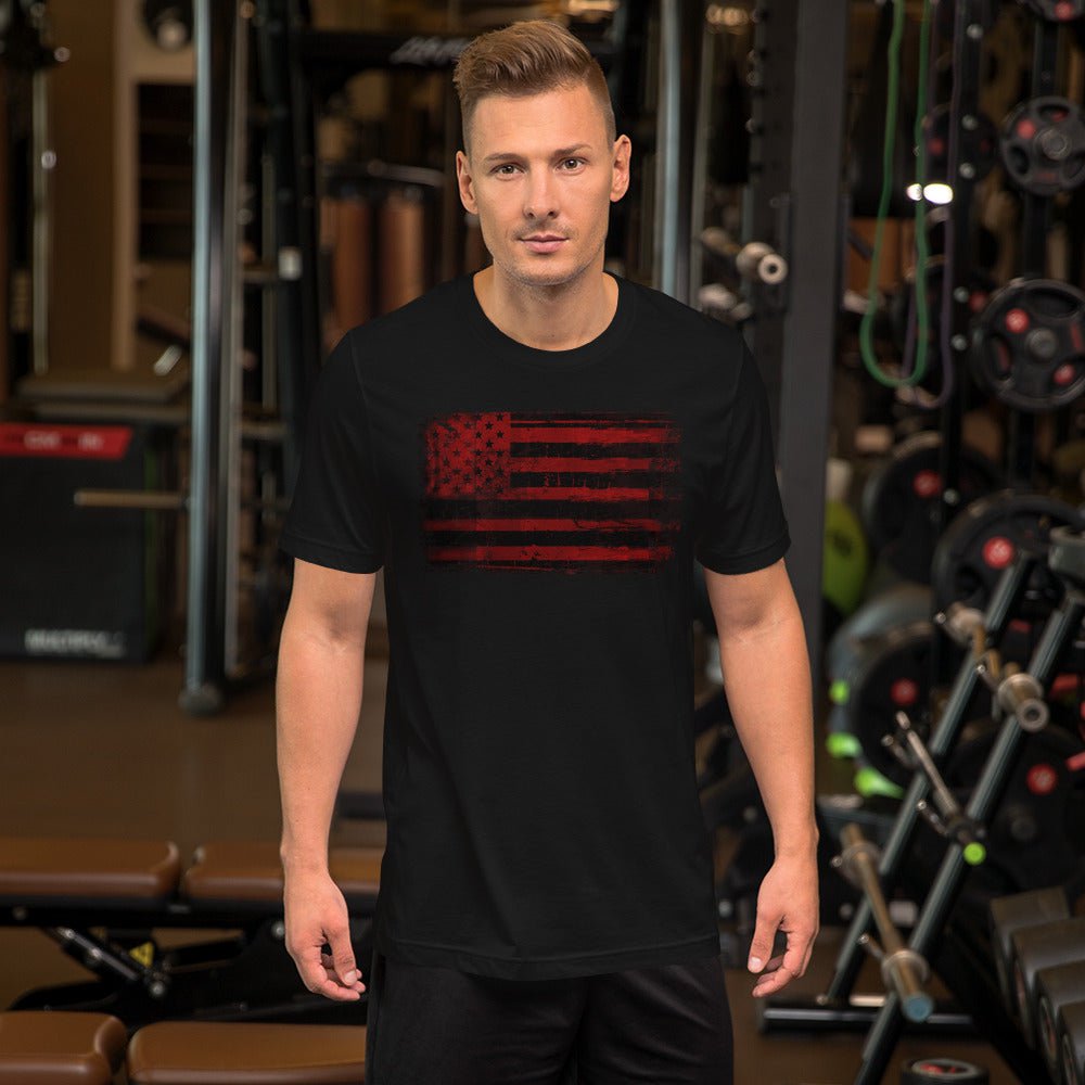 Black T-shirt with distressed red and black American flag graphic on the chest