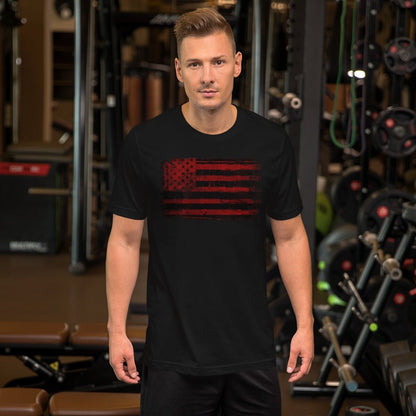 Black T-shirt with distressed red and black American flag graphic on the chest
