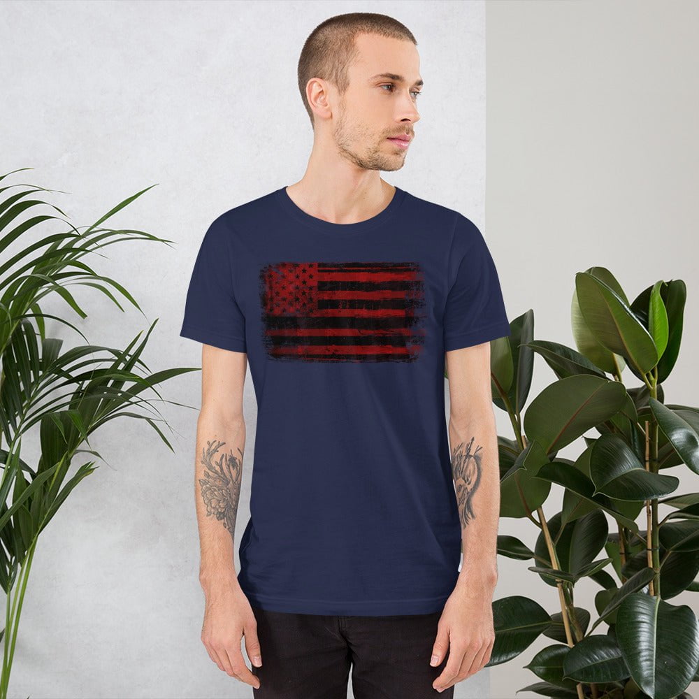 Navy T-shirt with distressed red and black American flag graphic on the chest