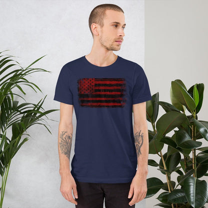 Navy T-shirt with distressed red and black American flag graphic on the chest