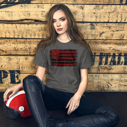Gray T-shirt with distressed red and black American flag graphic on the chest