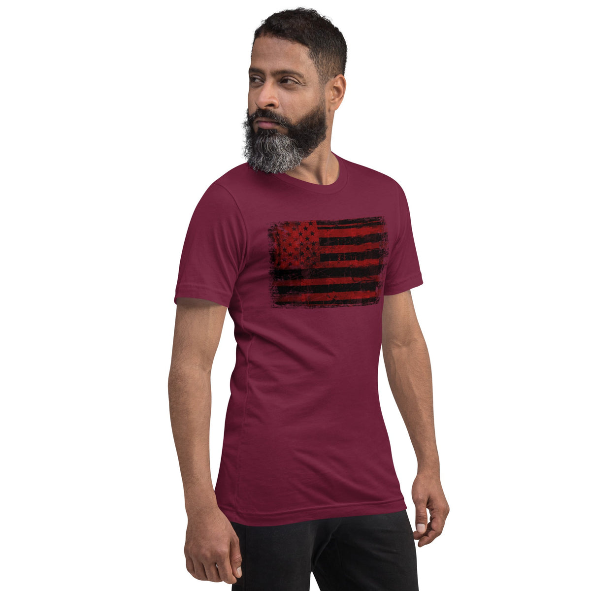 Maroon T-shirt with distressed red and black American flag graphic on the chest