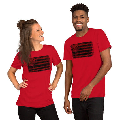 Red T-shirt with distressed red and black American flag graphic on the chest