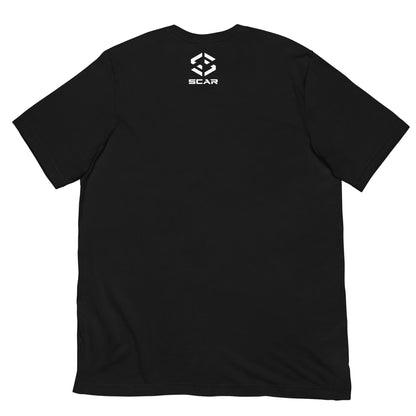 Black T-shirt with white SCAR logo on the chest