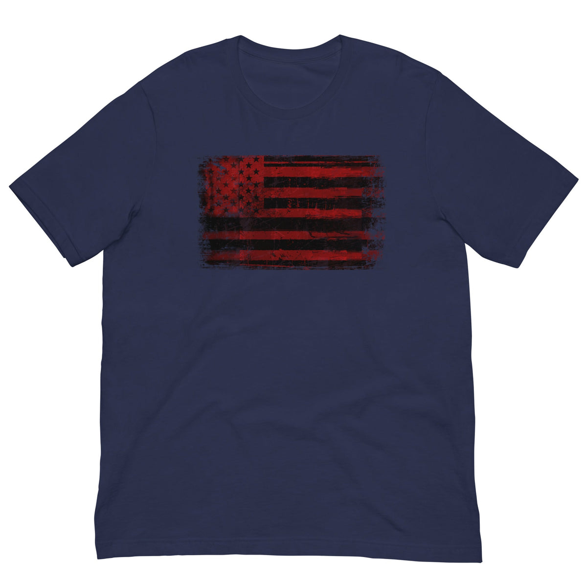 Navy T-shirt with distressed red and black American flag graphic on the chest